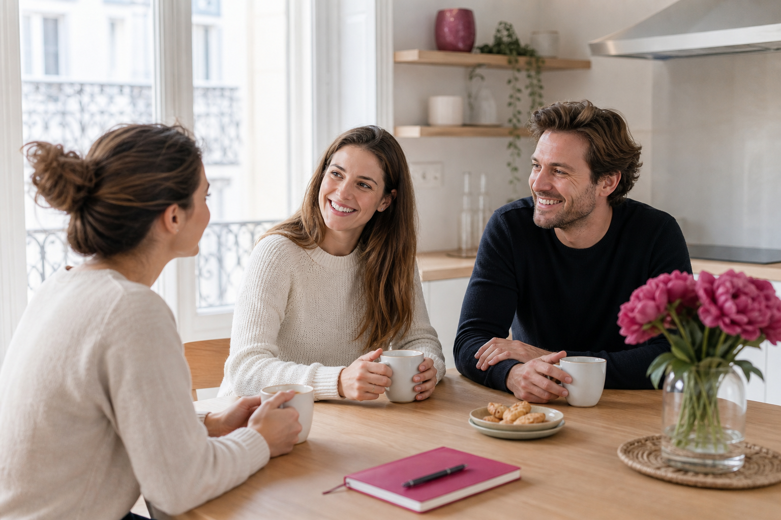 A welcoming host family in France speaking with a guest